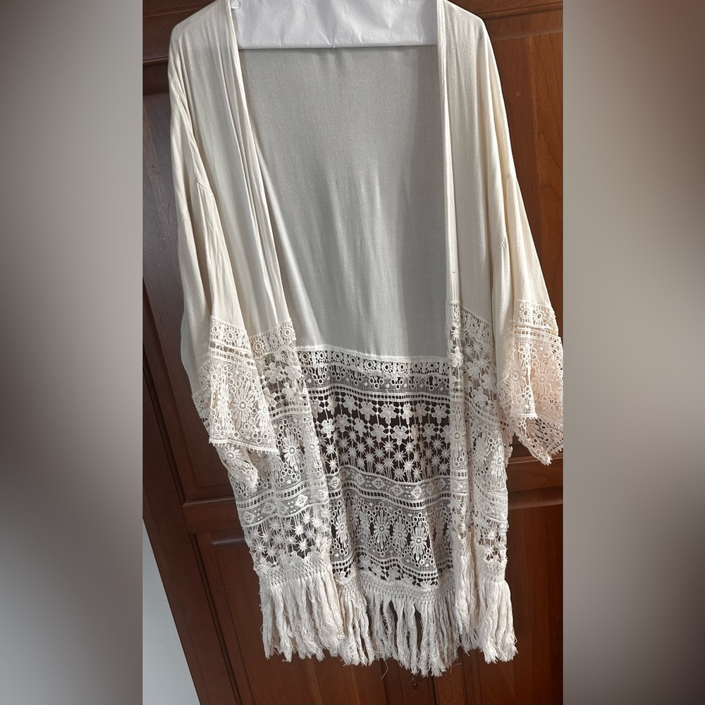 Lace Fringe cream open front Sweater